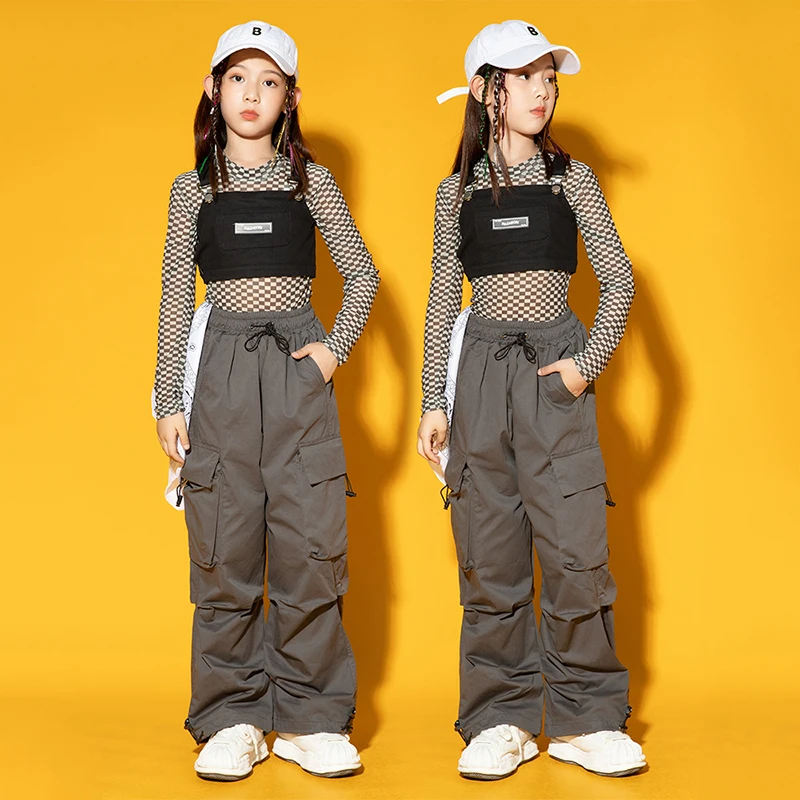 Tops Cargo Pants Tooling Modern Dance Performance Wear 2023 Kids Hip Hop Costume For Girls Kpop Jazz Dance Clothes Plaid