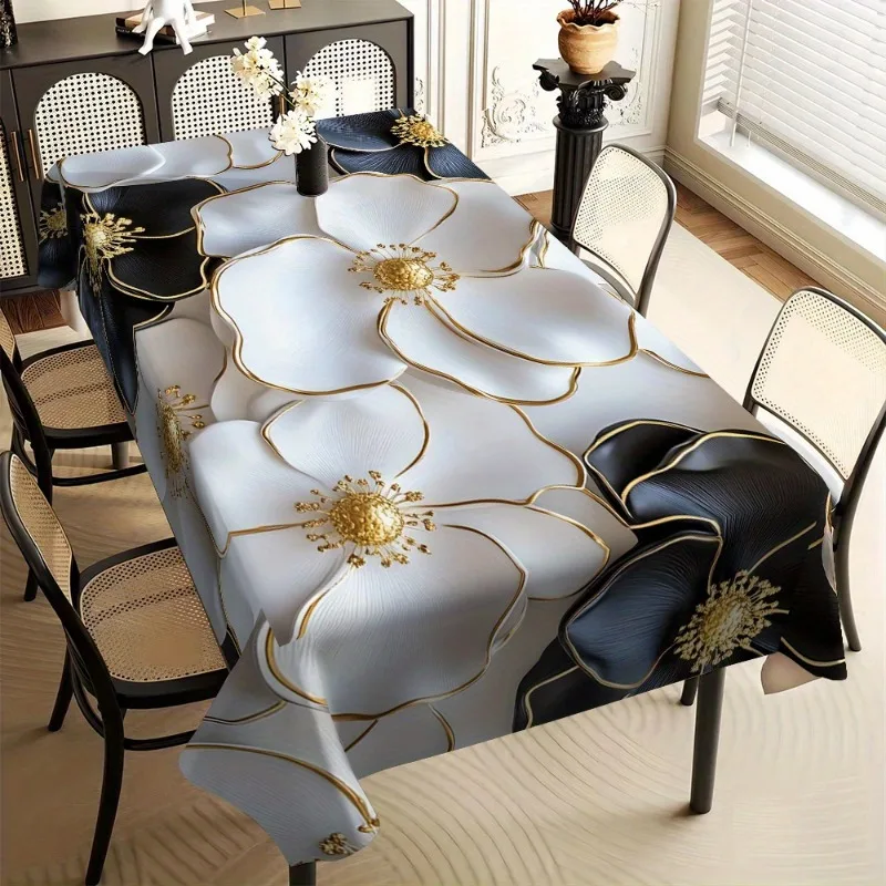 One elegant floral polyester tablecloth - modern luxury gold and black rectangular table cover, suitable for weddingszyc