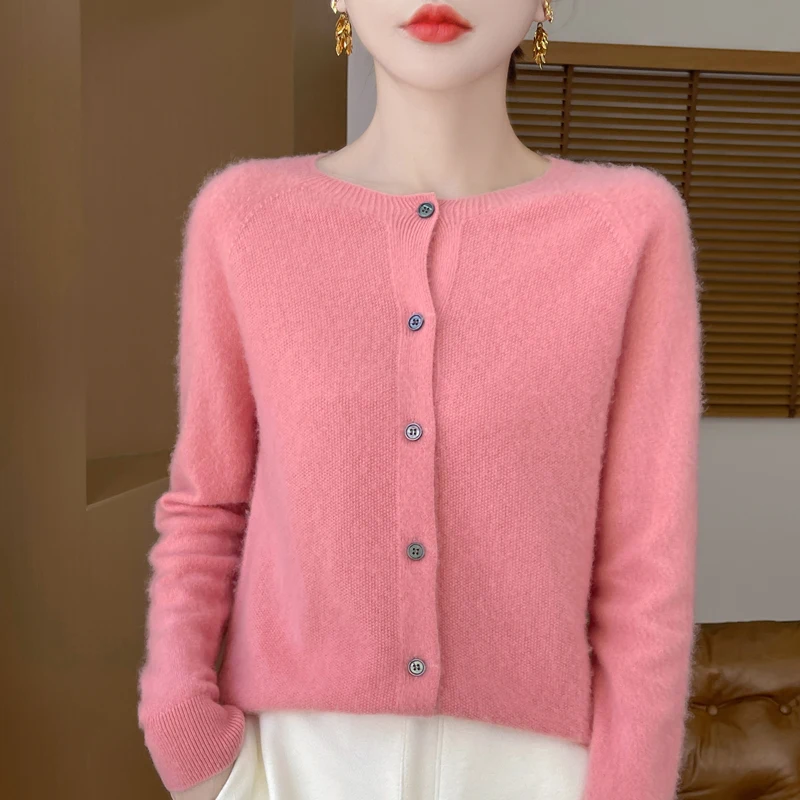 100% Merino Wool Women Sweater Knitted Cashmere Cardigan Basic Knitwear Fashion Spring Autumn Female O-Neck Clothing Tops