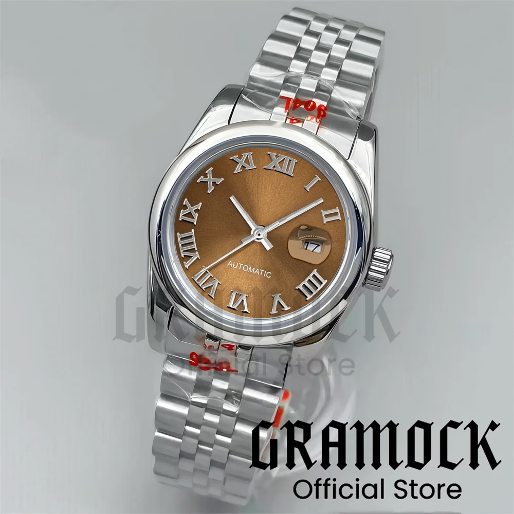 Gramock 31mm سيدة NH05 ساعة اليد الميكانيكية ماتي ساعة سوداء الهاتفي الرومانية الفضة/الذهب علامة مستديرة Beze lSteel الساعات للنساء
