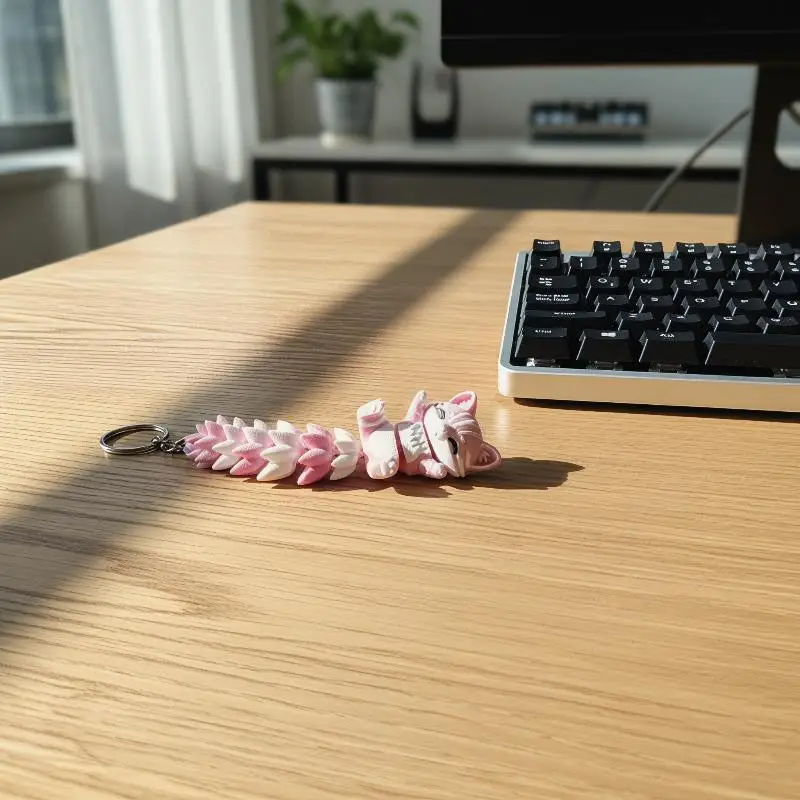 3D-gedruckter rosa Katzen-Schlüsselanhänger mit beweglichem, flexiblem Schwanz, niedliches Cartoon-Design zur Rucksackdekoration, Geschenk für Katzenliebhaber – Detail 2
