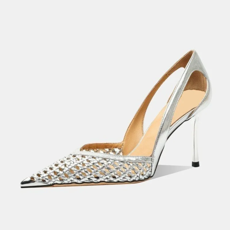 

Дышащие нескользящие туфли без шнуровки с тканым вырезом, модные туфли на шпильке с острым носком и металлическим острым носком