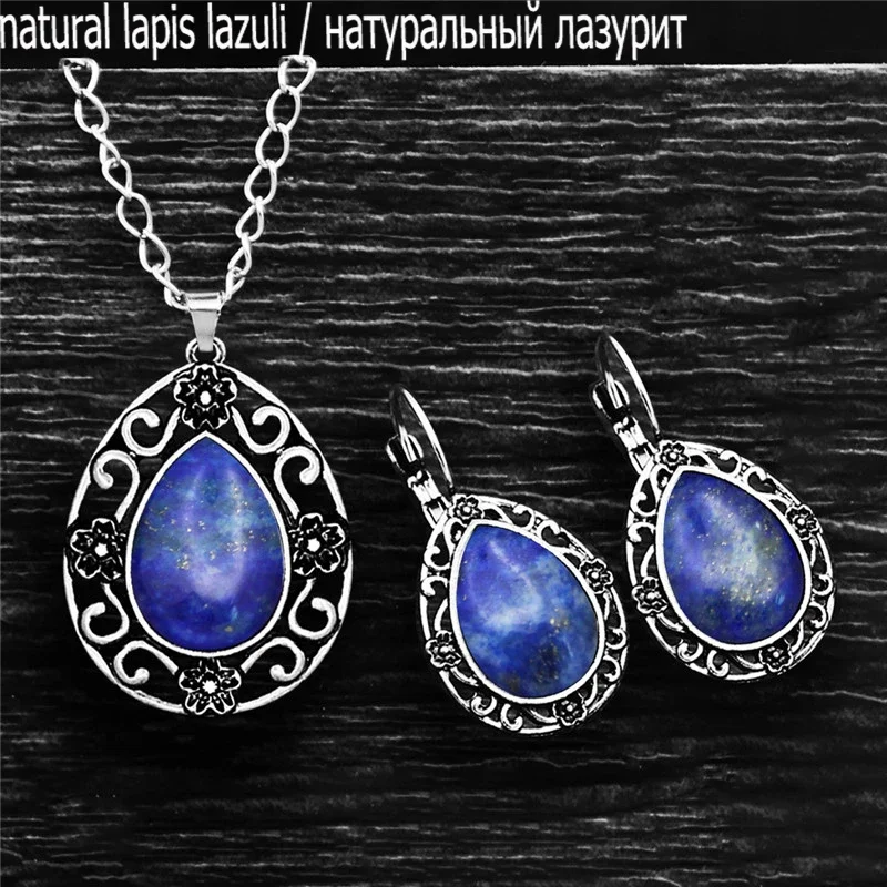 Flower Drop Pendant  Natural Jades Quartz Necklace Earrings Set For Women Antique Silver Plated Stone Fashion Jewelry Sets