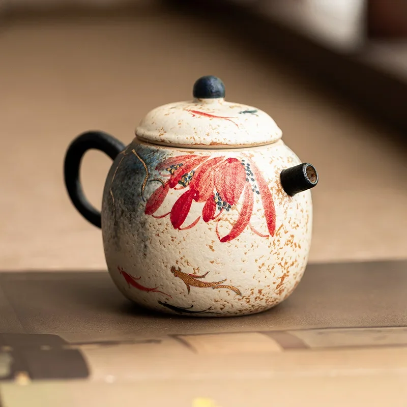 Blue and White Firestone Red Filter Teapot Suit Decoration Hand Painted Charm of Koi Small Spoon Pot Tray