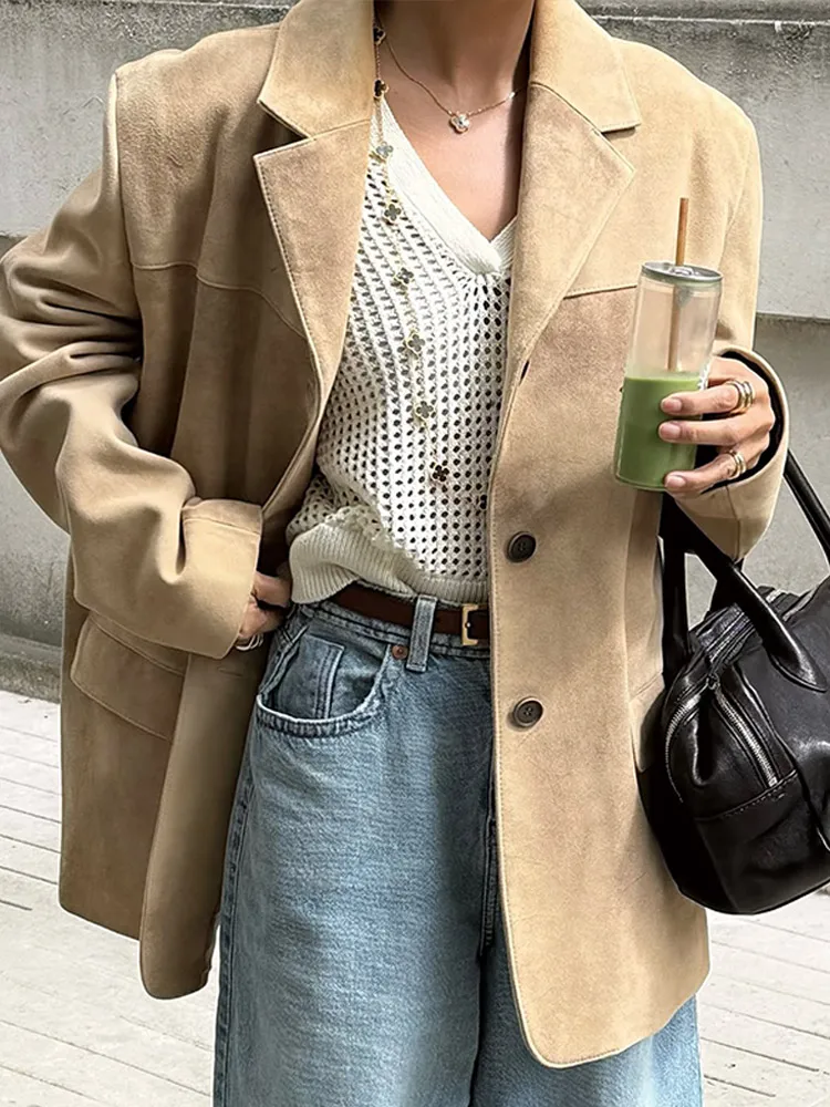 

Female Casual Solid Suede Coat Full Sleeves Lapel Single-breasted Pocket Outerwear 2025 New Autumn Fashion Lady Commute Coats