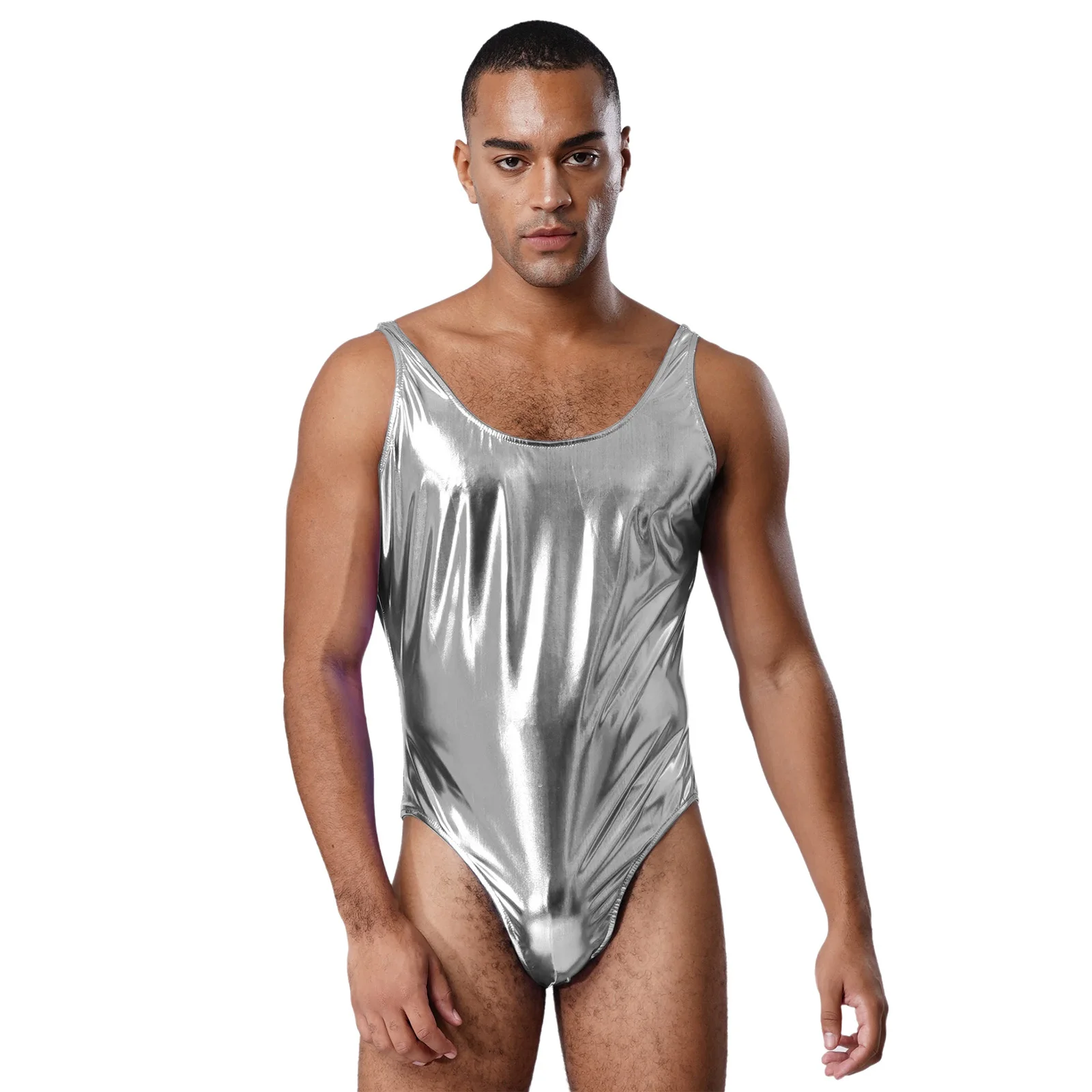 

Swimwear Mens Sleeveless Shiny Metallic Bodysuit Gymnastic Leotard Swimsuit Stage Performance Jumpsuit Rave Pole Dance Costume