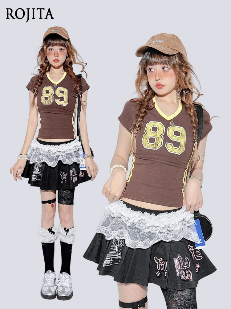 

V-neck T-shirt Women's Summer Short-sleeved Print Slim Sweet Top Sweet Cool Hot Girl Sports Style Lace Pleated Skirt