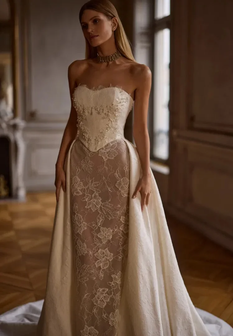 

Lace Wedding Dress Satin A line Vestido De Novia Desmontable Long Sleeve Dresses Minimalista Elegante Vestidos Alta Costura Boda