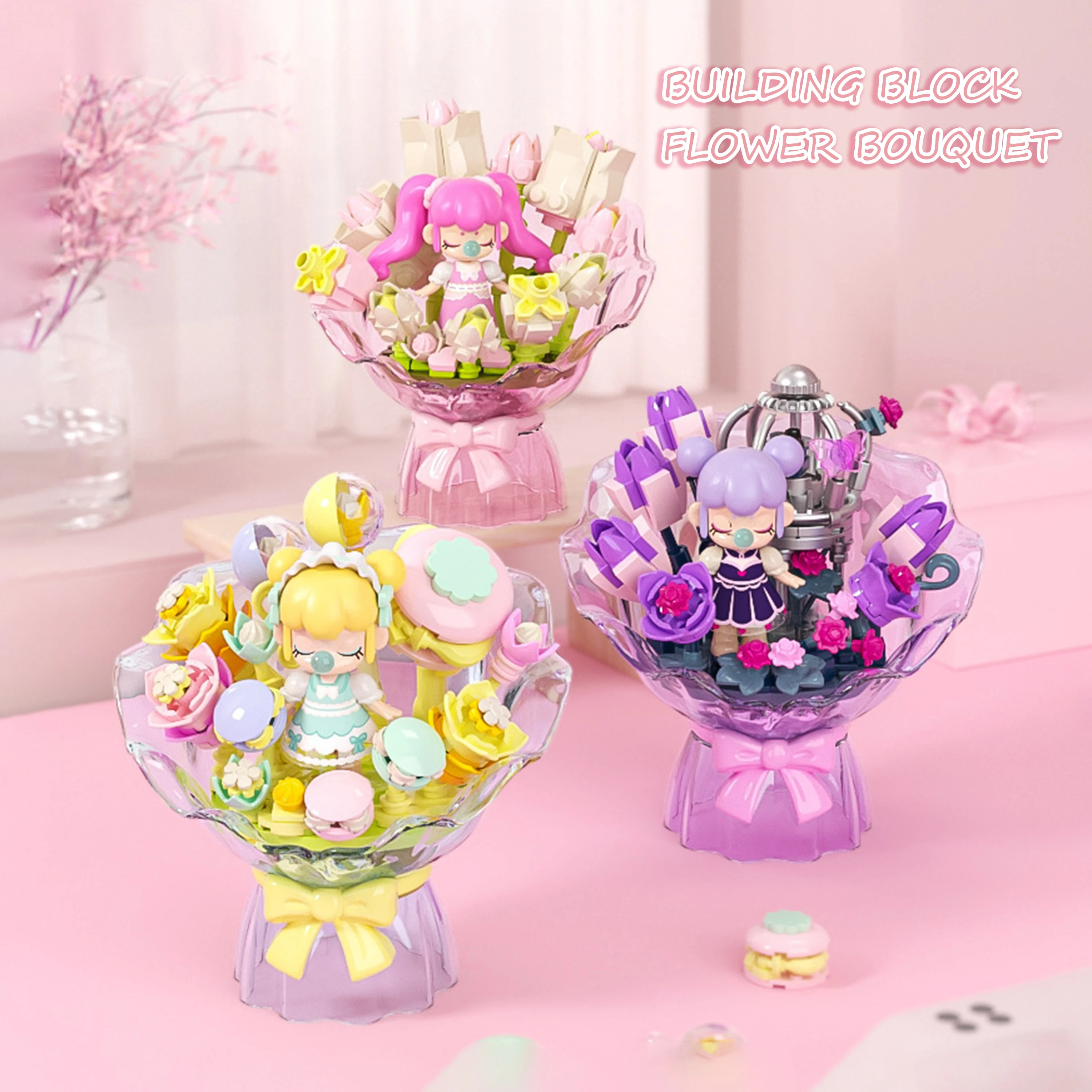 Klocki konstrukcyjne Nanci, bukiet kwiatów, fioletowa róża, klocki kwiatowe, kreatywny model do samodzielnego montażu, dekoracja na biurko, prezent dla dziewczynek