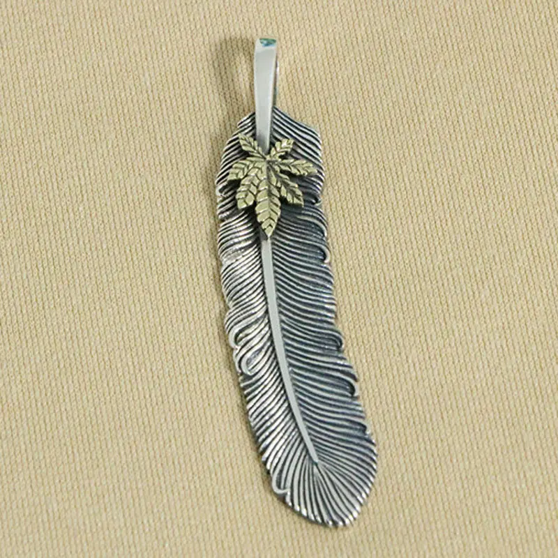 Japanese and Korean Popular Silver Jewelry Maple Leaf Feather Pendant 925 Pure Silver Necklace for Men and Women Light Luxury, S