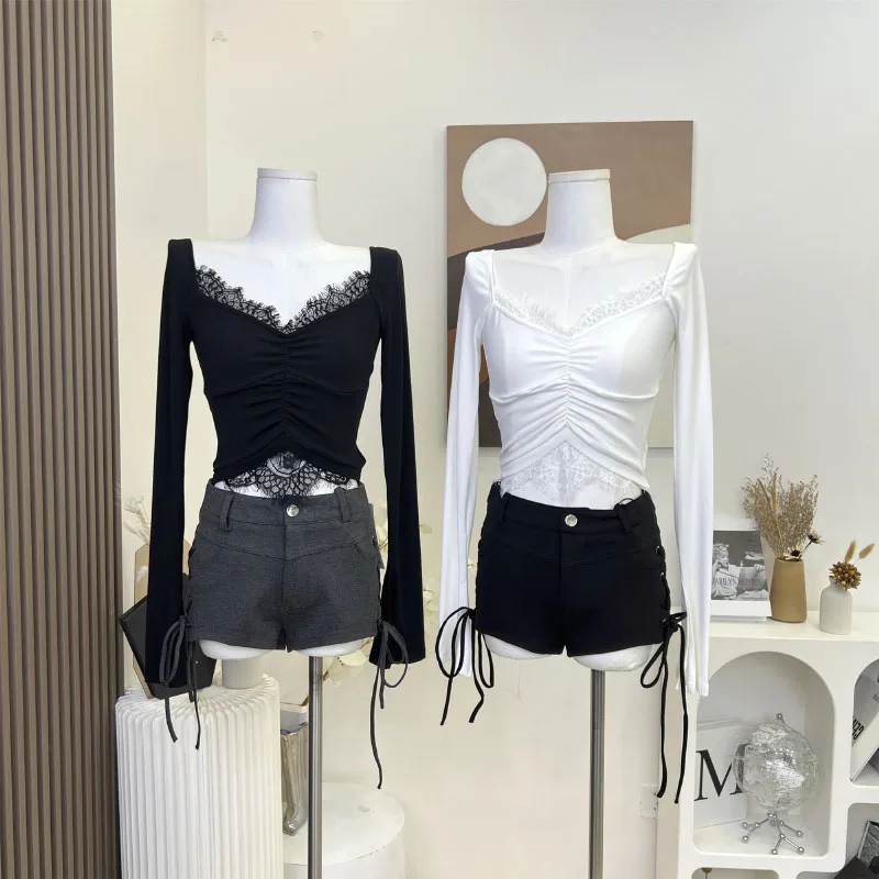 

Black Sexy Lace Tops Girl Spring Slim Autumn Slim-Fit Y2K Tshirt Elasticity Long Sleeve Tees