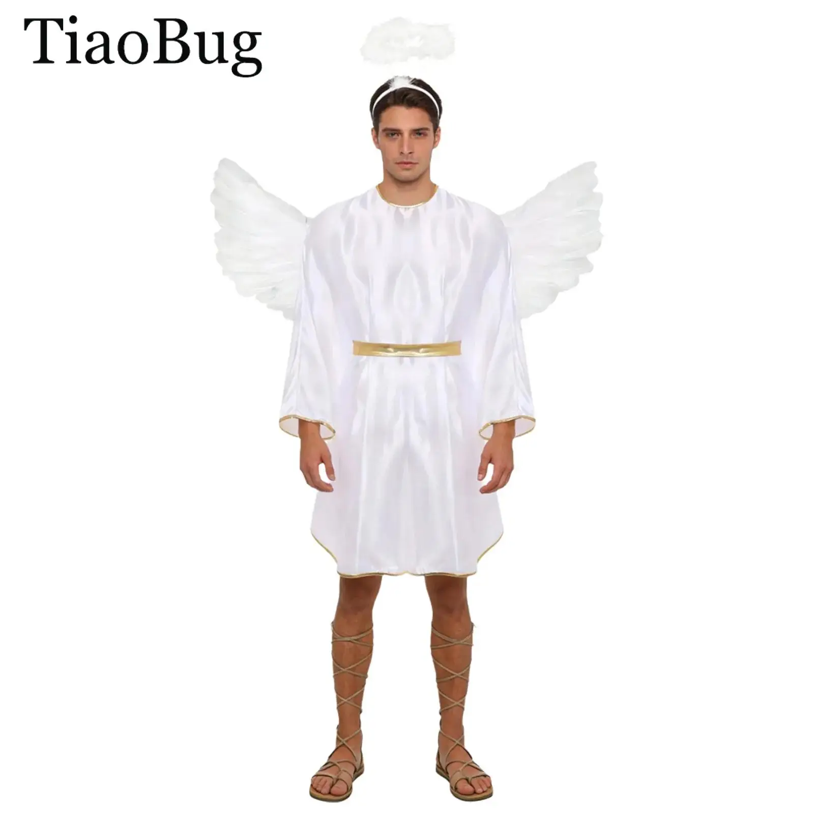

Mens Halloween Angel Devil Dress Up Carnivals Party Gold Trim Satiny Dress Robe And Feather Angel Wings Hair Hoop Festivals Gift