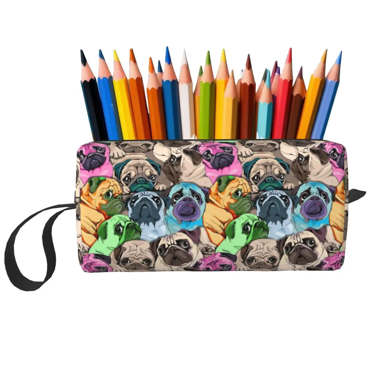 Colorful Pug Cartoon Pattern Pencil Case for Studen School Pen Box Pencil Bag Stationery Supplies Travel Women Organizer Pouch