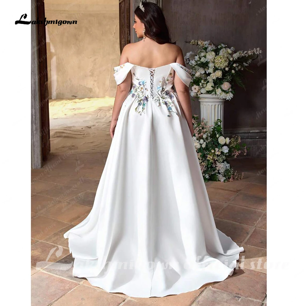 Lakshmigown Schulterfreies A-Linien-Brautkleid in großen Größen aus Satin mit Korsett, Schnürung und bunter Spitze, Vestido De Noiva, maßgeschneidert. – Detail 8