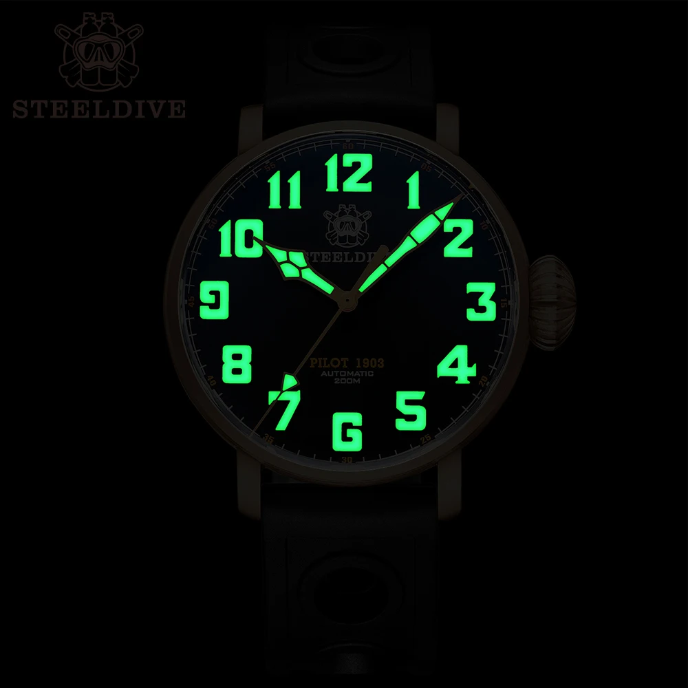 Sd 1903S Steeldive Merk 46.5Mm Massief Bronzen Kast Zwart Wijzerplaat Rubberen Band Nh35 Automatische 200M Waterdicht Duikhorloge Voor Mannen