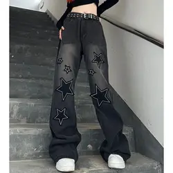 Hip Hop Vintage Women Gradient Wide Leg Jeans Star Embroidery Spring Autumn New Streetwear Fashion High Waist Loose Trousers