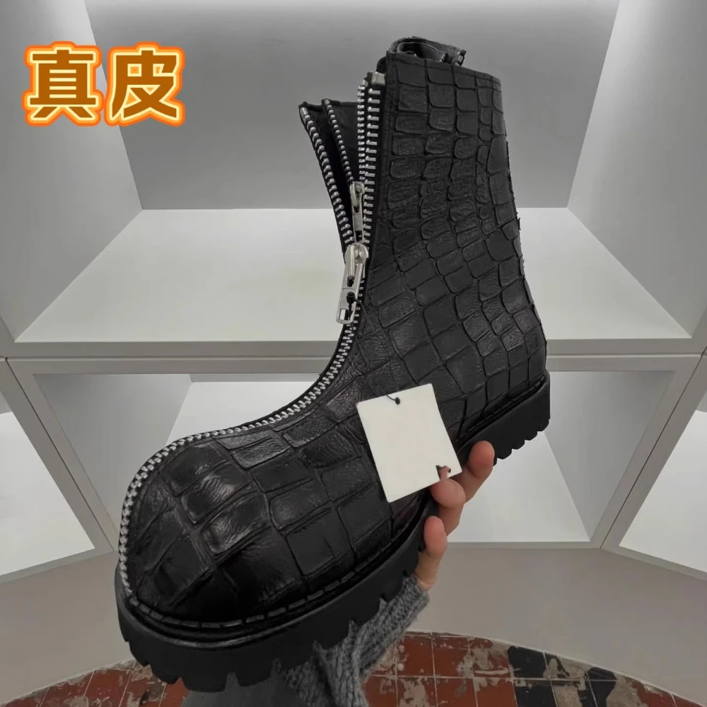 Fashion Men‘s Genuine Leather Motorcycle Boots Women High Top Leather Shoes Mid-calf Crocodile pattern Western Boots Zipper