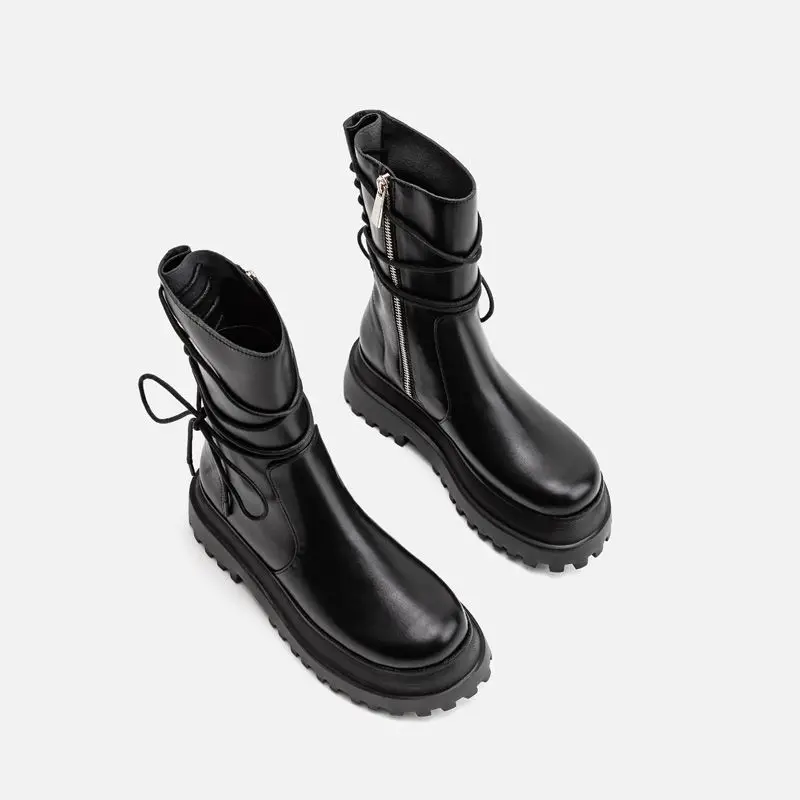 Biker Leather Shoes for Women Mid Calf Footwear Black Ladies Boots Half High Platform Cosplay New in Trend 2024 Chic and Elegant