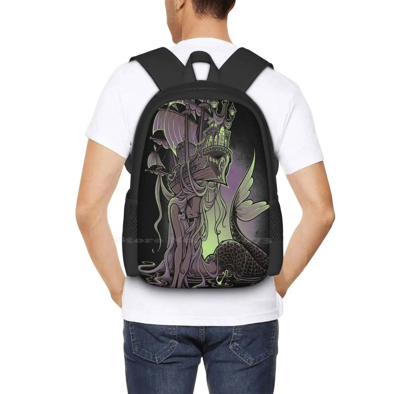 Sailor Beware-mochila con diseño estampado 3D para estudiantes, bolsa de sirena, Marina, Galleon, Océano, atardecer, tatuaje