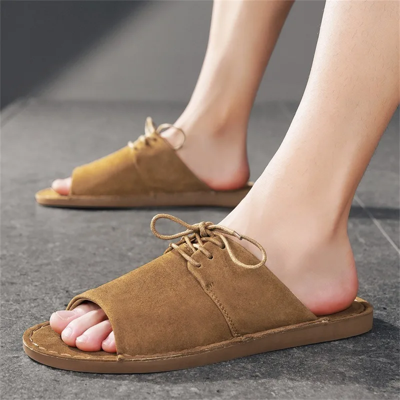 Men Slippers High Quality Suede Cowhide Casual Slippers Summer Open-toe Cool Slippers Outdoor Non Slip Flat Sandals Large-size48