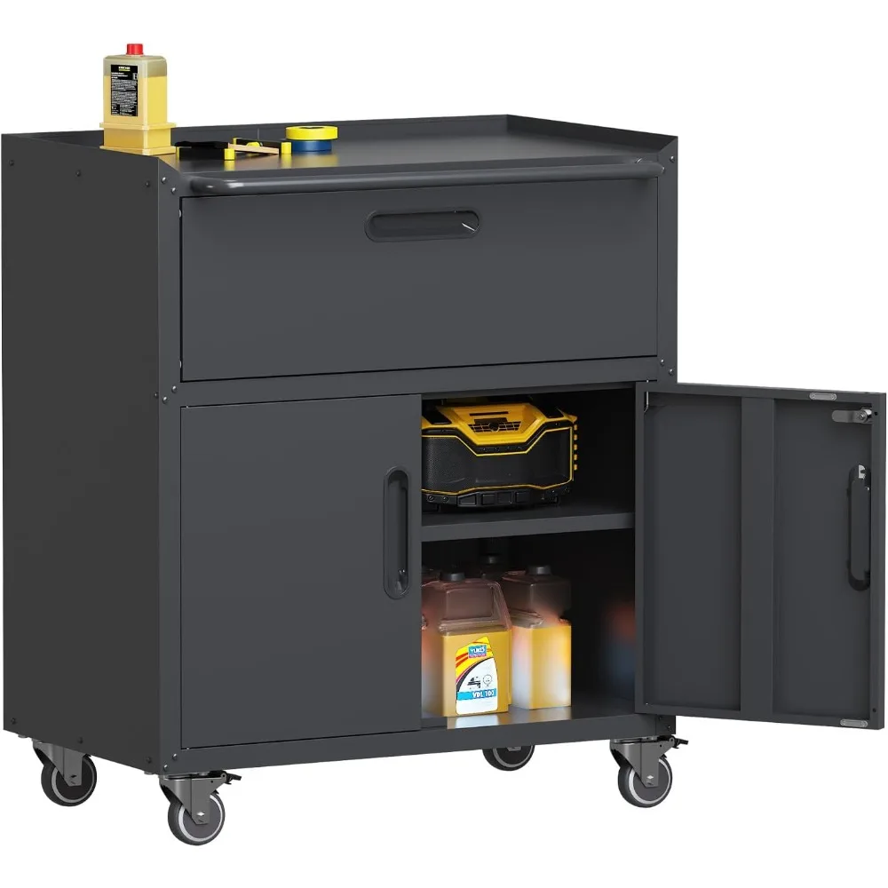 Wytrzymała metalowa szafka narzędziowa na kółkach z szufladami i funkcją blokowania.