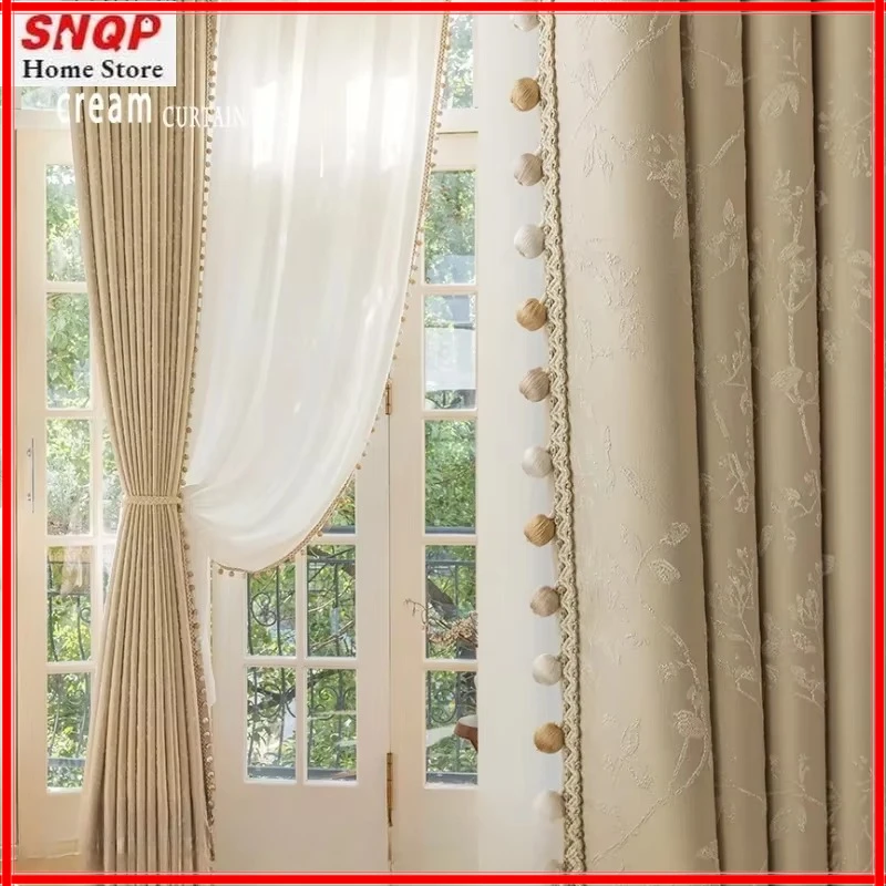 French Cream Precision Relief Lace Luxury Curtains for Living Room Bedroom Dining Blackout Blackout Custom Size White Tulle