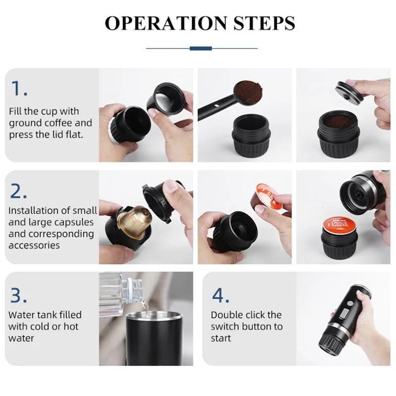 Capsule Coffee Maker 15 BAR Pressure Portable Automatic Grinder Espresso Size USB TYPE C In-car Heating 100ML