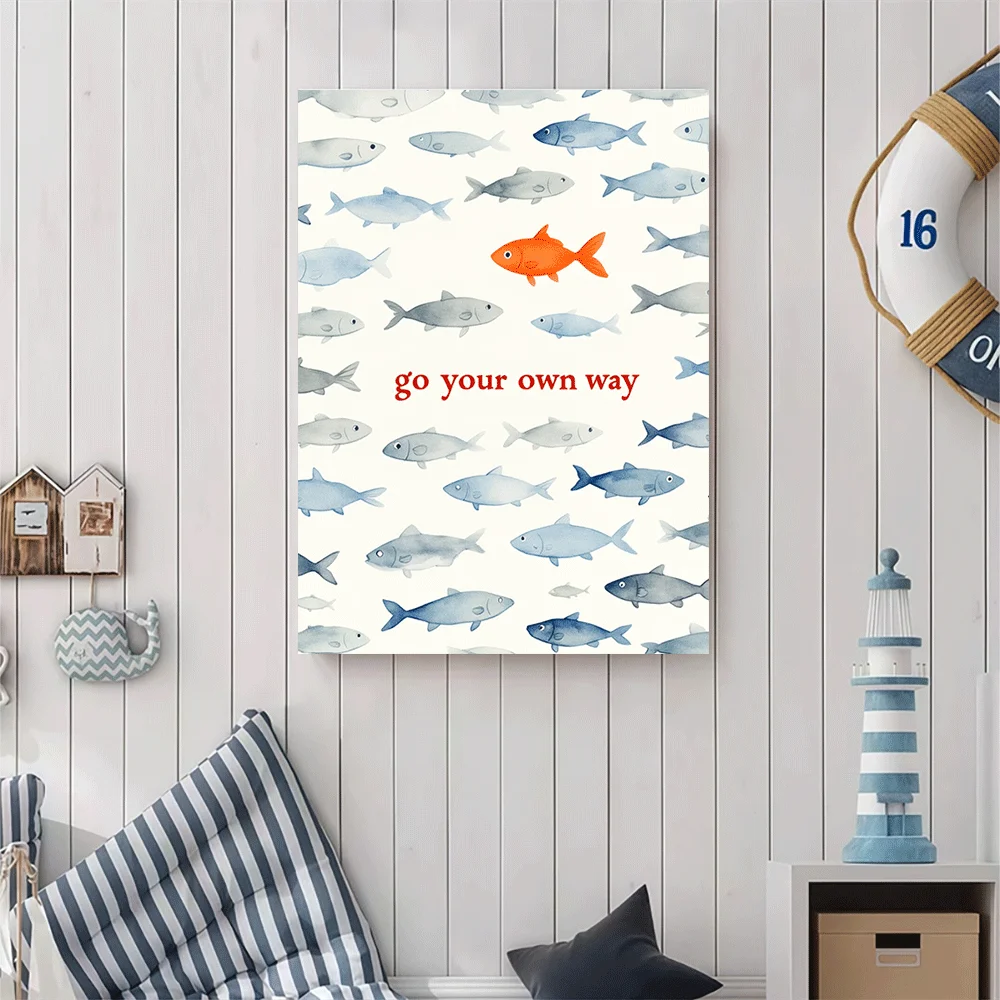 1PC-Unframed Canvas poster wall decoration  Watercolor Fish Pattern Orange Fish Go Your Own Way Art Print Canvas Poster