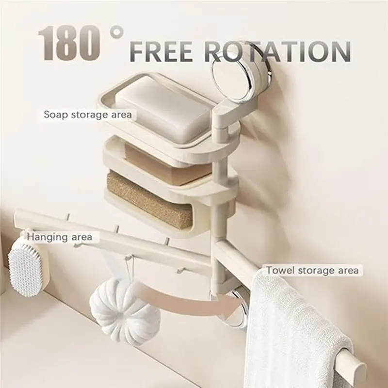 A36T-Multifunctional Swivel Towel Rack For Bathroom- Wall-Mounted 180° Rotating Towel Bar With Soap Dish,Suction Cup Storage
