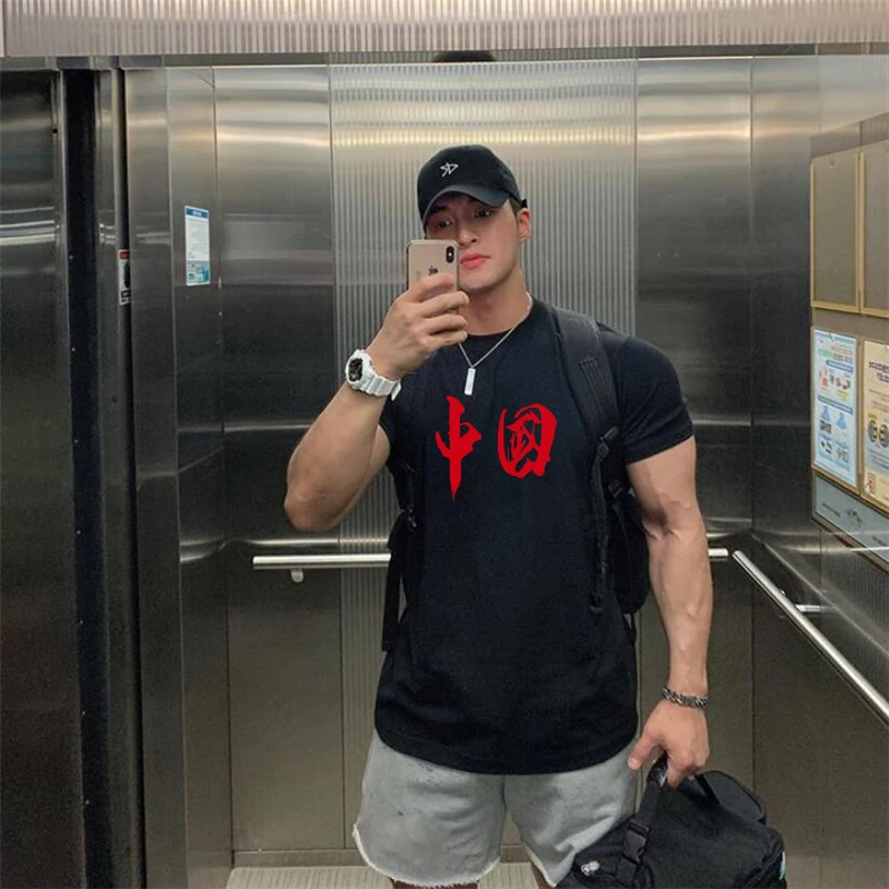 Summer Gym Running T-shirt Mens Cotton Muscle Breathable Sleeve Workout weightlifting Pumping Bodybuilding Comfortable Sport Tee