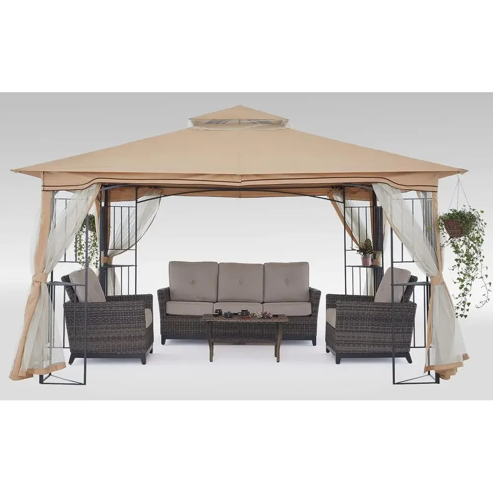 11x11 Beige Patio Gazebo with Mesh Walls for Lawn, Garden, Backyard, and Deck