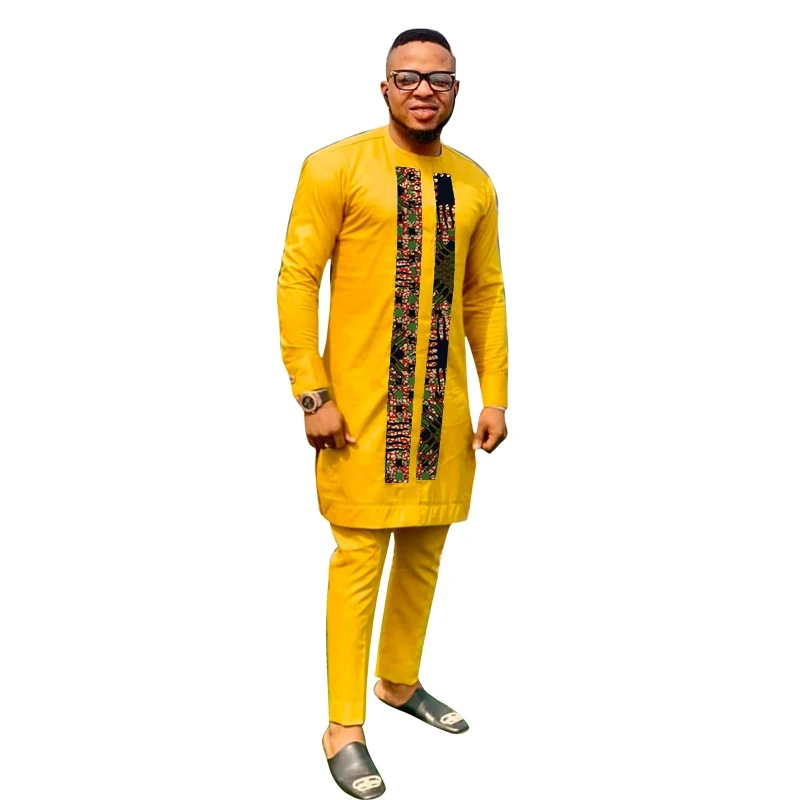 Wax Print/Cotton Patchwork Tops With Pants Yellow Men's Groom Suit Male Party Outfits Custom Made African Wedding Garments