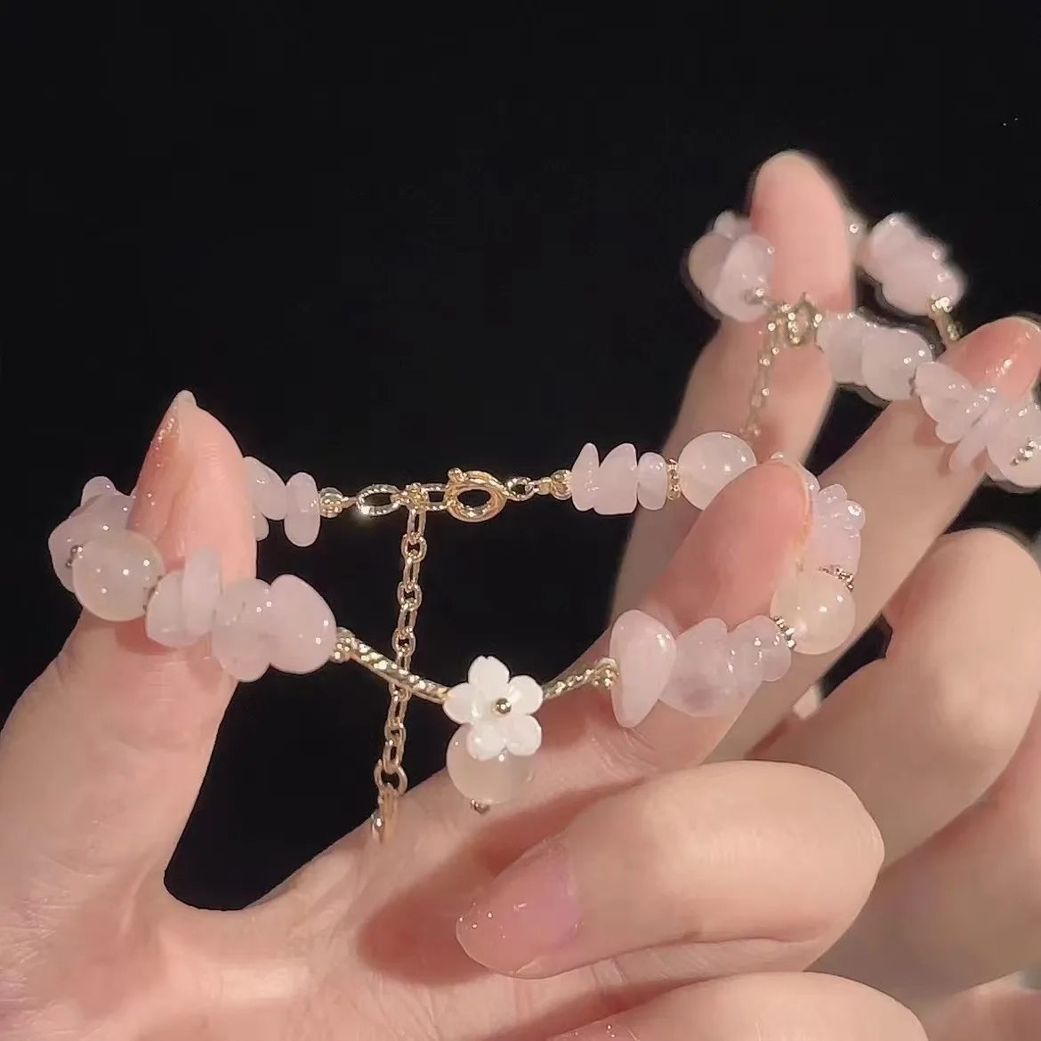 Summer Sweet Pink Irregular Stones Sakura Beaded Bracelets For Women Trendy Adjustable Chain Bangle Jewelry Gifts Party Casual