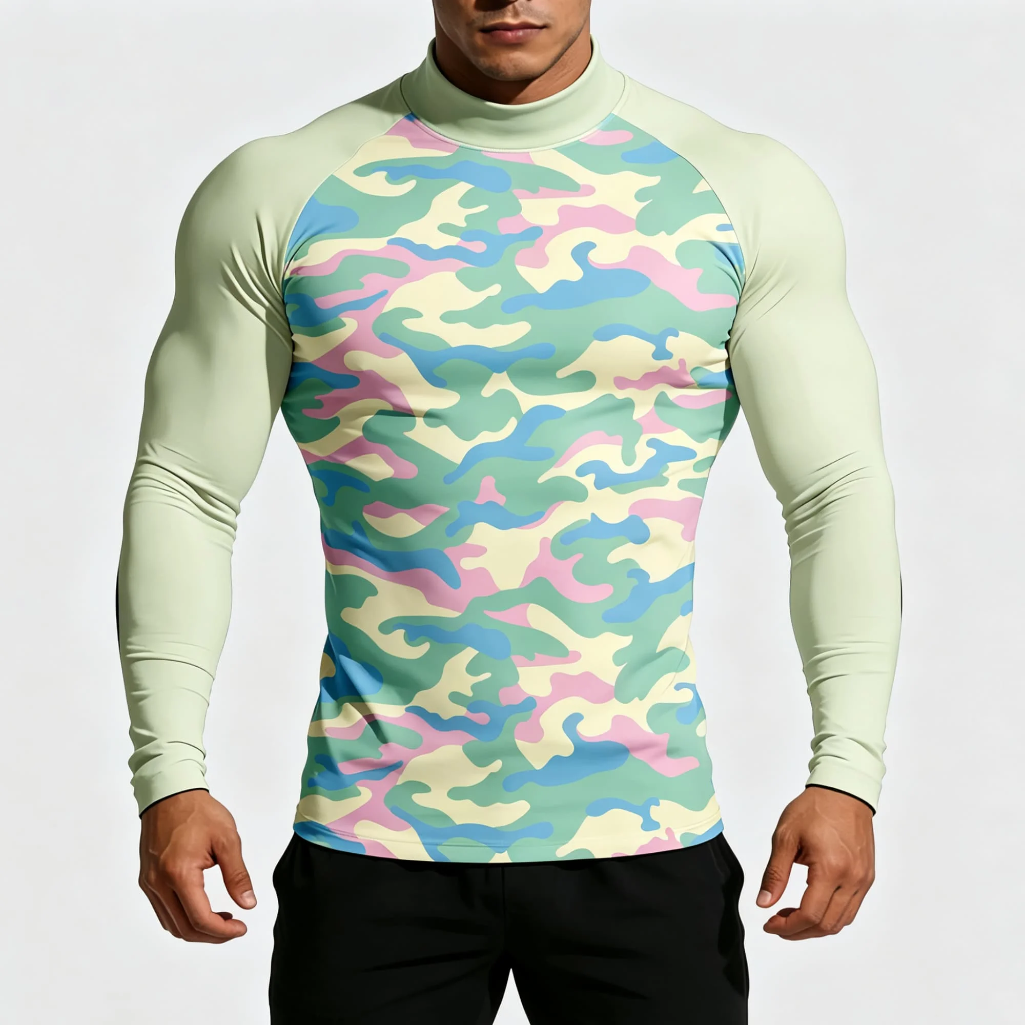 Men Pastel Camouflage Print Mock Neck Long Sleeve Tee, Stretch Breathable Fitness Training Base Layer Shirt