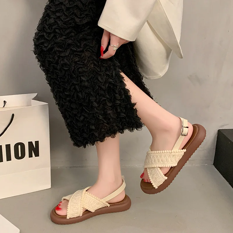 2025 Summer Low Sandals Woman Leather Suit Female Beige Cross Women’s Shoes Large Size Low-heeled Gladiator Black Comfort Girls