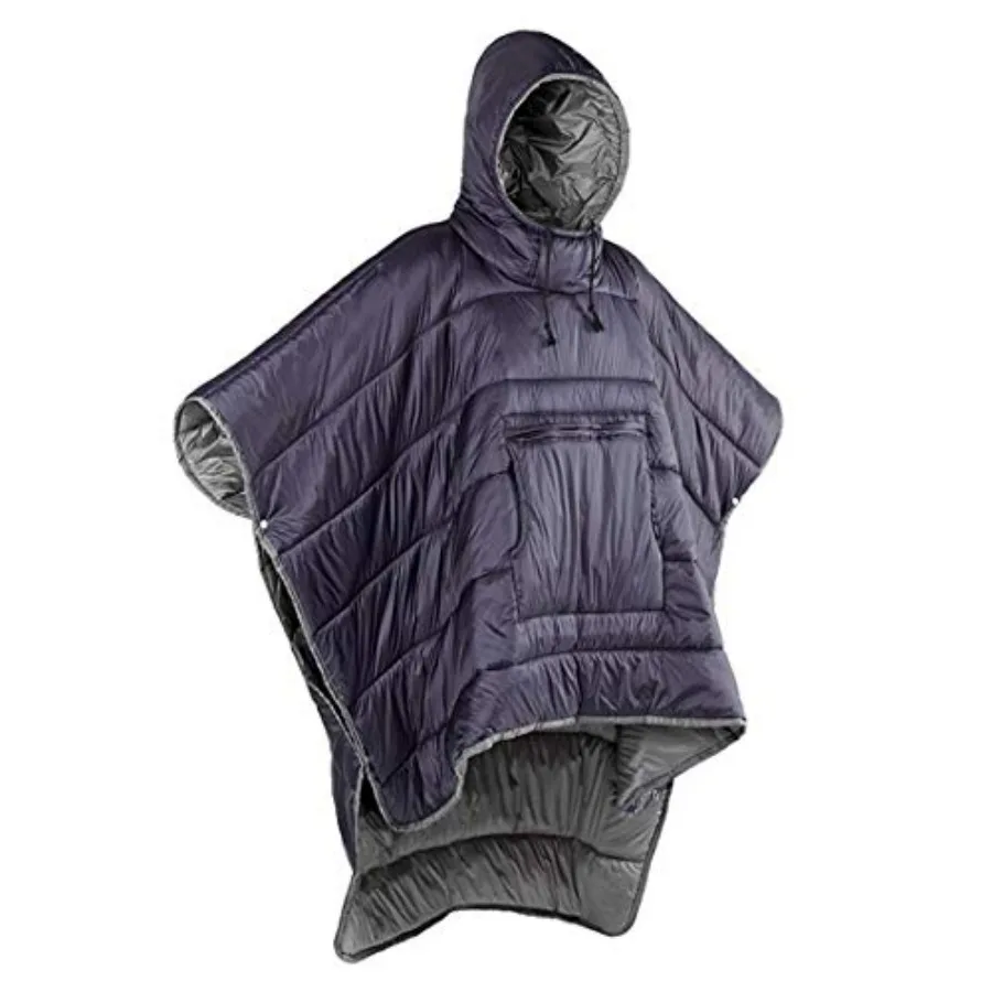 Outdoor camping winter poncho coat in purple: water-resistant quilted blanket-sleeping bag cloak with hood for adult warmth