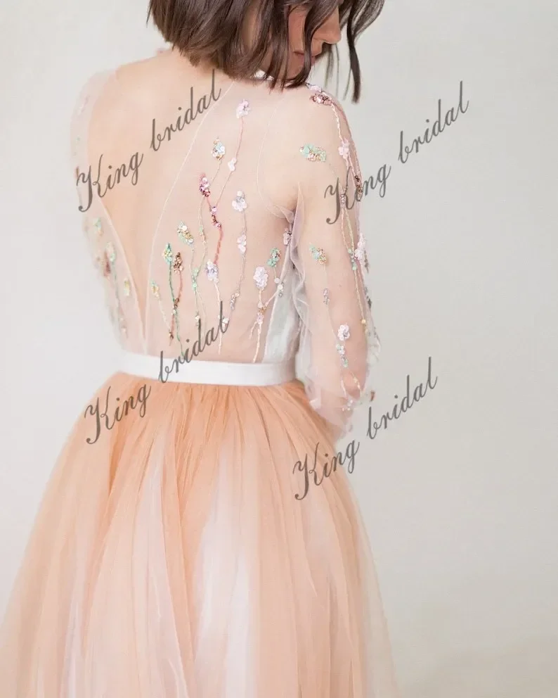 Maßgeschneidertes besticktes Hochzeitskleid, transparentes Rückenkleid, einfaches Brautkleid, Strand-Brautkleider, langärmelige Brautkleider