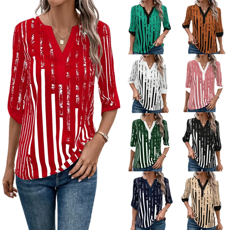 

Long Sleeve Shirt for Women Women's Summer New Double Color Contrast Positioning Flower 5/4 Sleeve Top Comfort Long Sleeve Tees