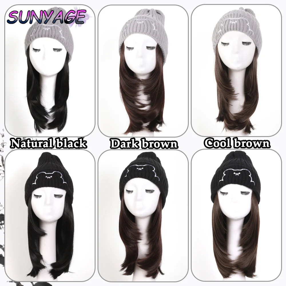 SUNYAGE Beanie Hat Synthetic Short Wig Hat with Hair Extension Natural Hair Color Black Brown Wigs for Women Wool Product - Image 5
