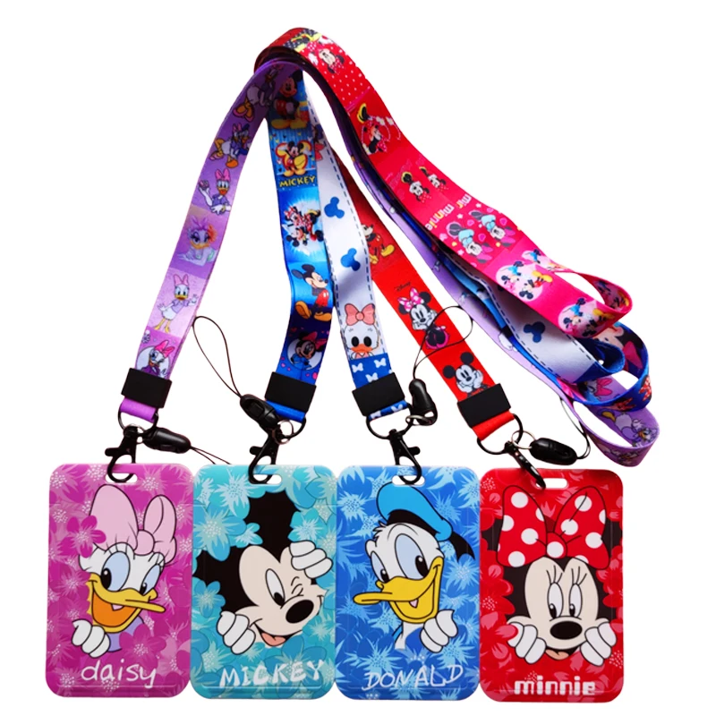 Disney Mickey Minnie Donald Duck Girls Slide Cover Student Card Case Hanging Rope Employee Case Lanyard ID Name Card Holder