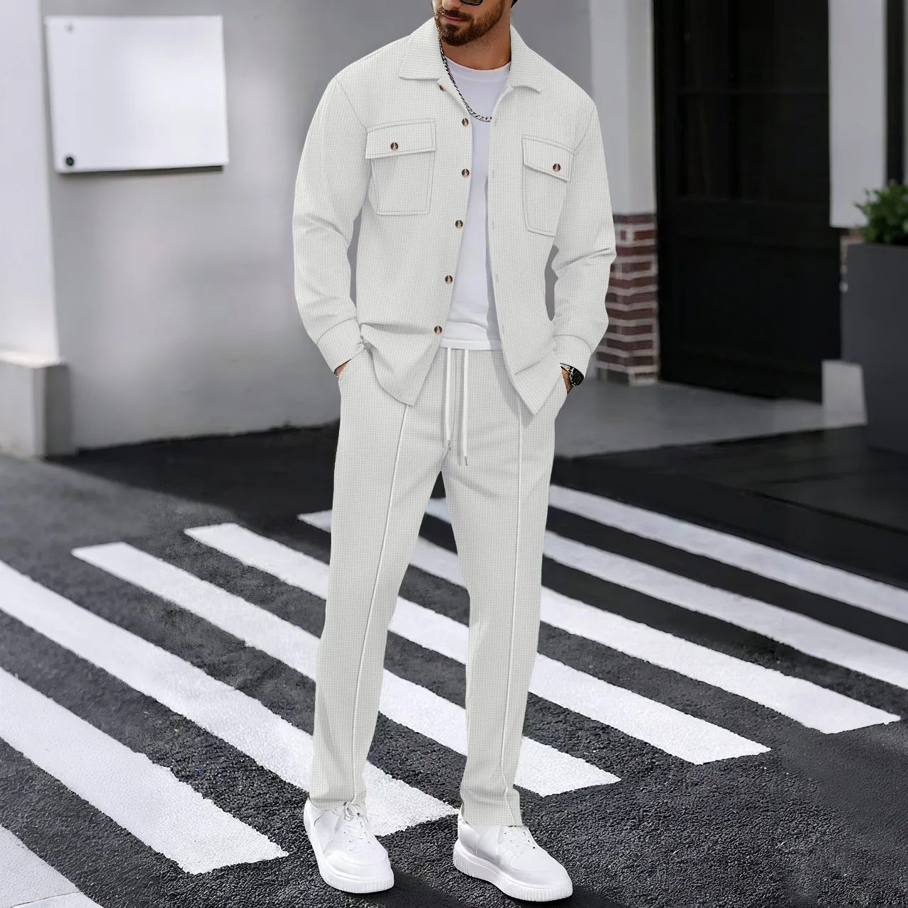 2025 Men's Autumn Casual Street Sport Two-Piece Fashion Solid Color Double-Pocket Collar Buttoned Long-Sleeved Shirt + Pants Set