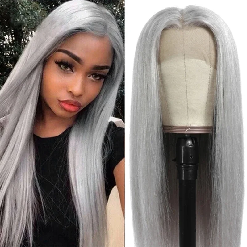 Straight Leg Synthetic Lace Front Wig Ladies 28 Inch Long Mid Parting Bangs Granny Gray High Gloss Lace Front Wig Cosplay Wig