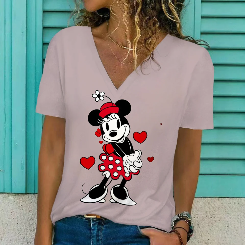 T-shirt imprimé Disney Minnie pour femme, décontracté, col en V, respirant, rue, été