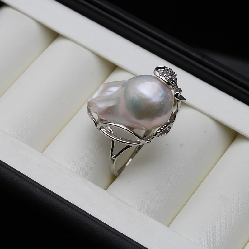 Real Freshwater Natural Baroque Large Pearl Ring,Wedding Adjustable Pearl Ring Sterling Silver White Wife Mother Birthday Gifts