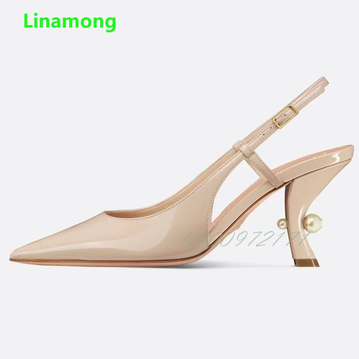 

Pointed Toe Slingback Pearl Luxury Pumps For Female Women 2025 New Thin High Heel Buckle Strap Solid Elegant Fashion Dress Shoes