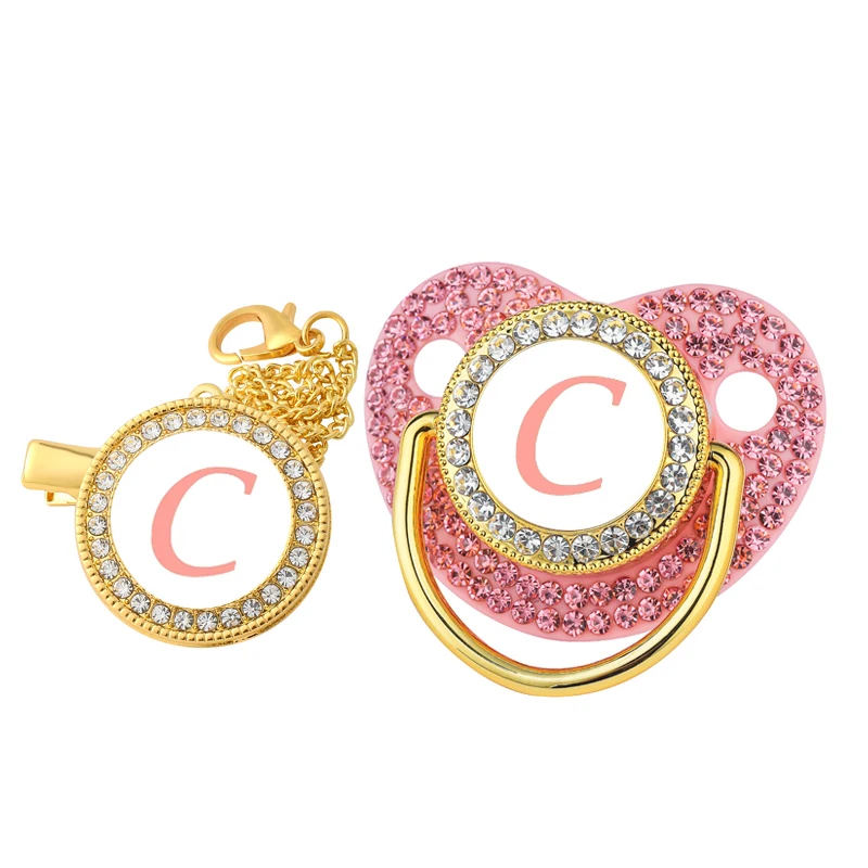 Luxus Zirkon Baby Schnuller Clip Rosa Brief Neugeborenen Personalisierte Schnuller Halter Bling Silikon Säugling Beißring Nippel BPA FREI