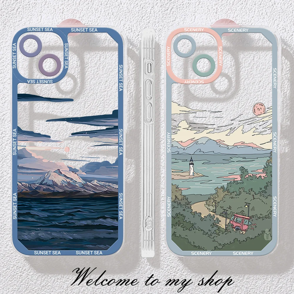 Anime Landschap Zonsondergang Telefoonhoesje Voor Iphone 14 13 12 11 15 Pro Max Xs X Xr Se 2020 7 8 Plus Doorzichtige Landschap Cover Iphone11 Capa