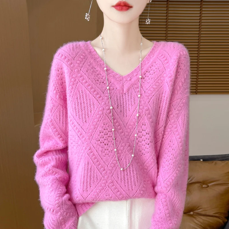 Fall/Winter 2024 new sweater 100% pure wool women\'s V-neck loose sweater long sleeve fashion knit pullover