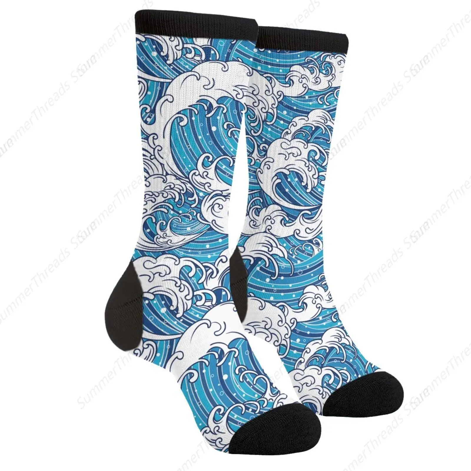 Japan Sea Waves Novelty Crew Socks Casual Crazy Funny Dress Socks For Women Men Teens Gift