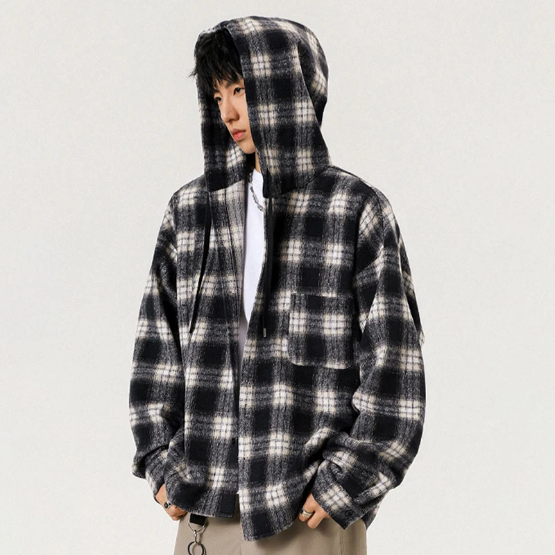 

Y2K Loose Plaid Hooded Jacket Men Fashion High Street Large Sized Cardigan Outerwear Man Korean Vintage Single Breasted Hoodies
